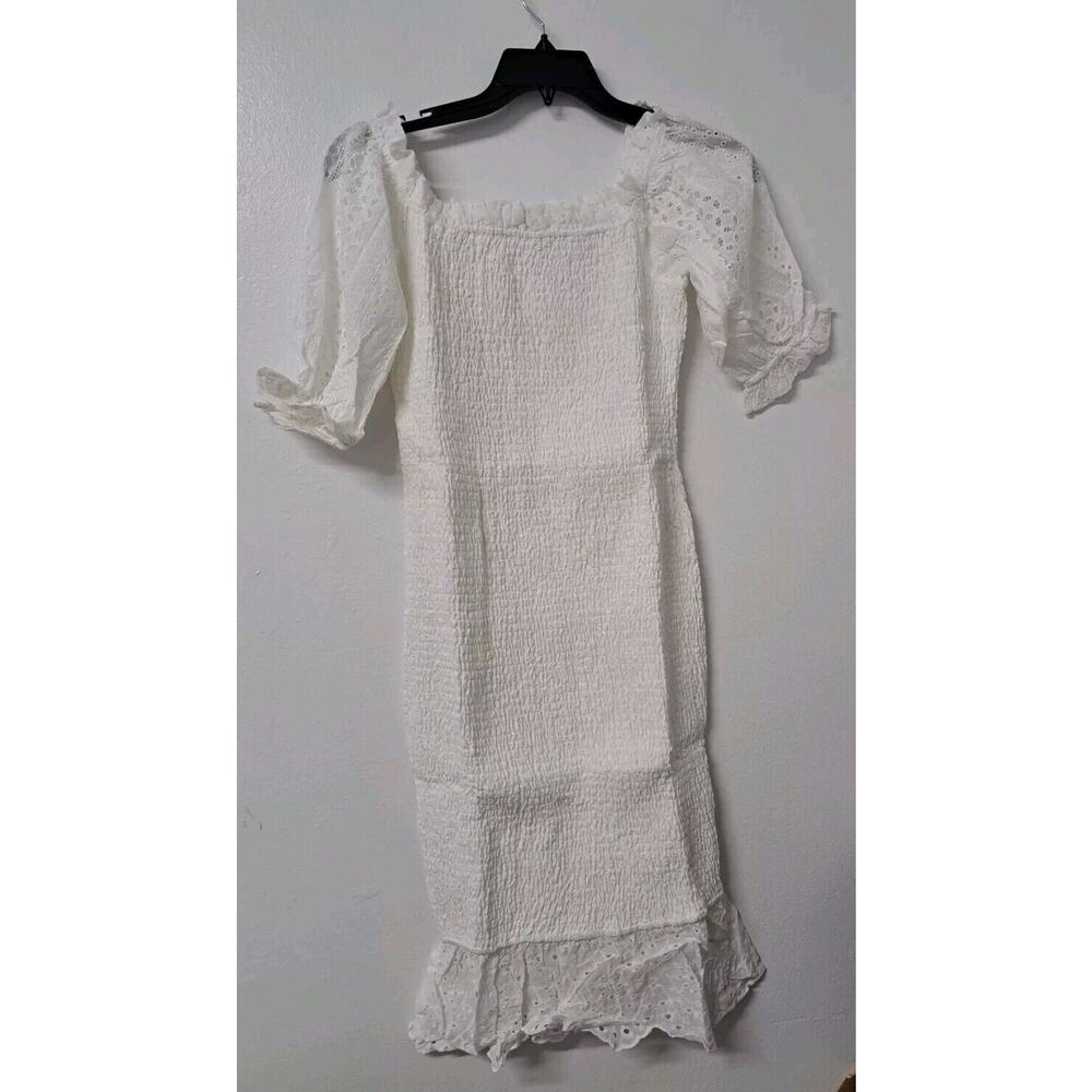 Womens Casual Midi Smocked Bodycon Short Puff Sleeve Dress Off Shoulder White M